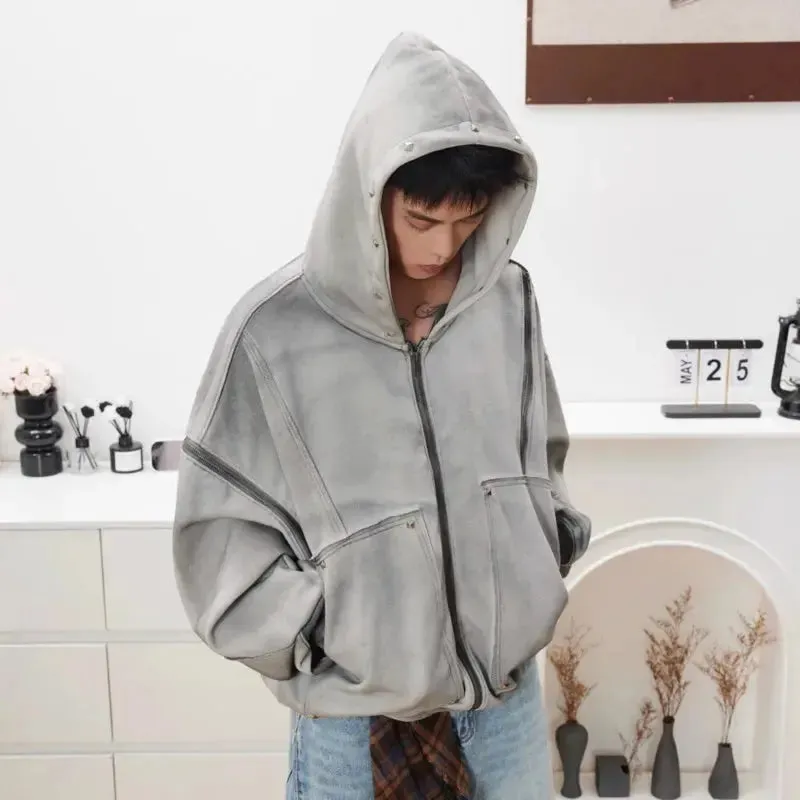 Washed Distressed Rivet Zipper Hoodie
