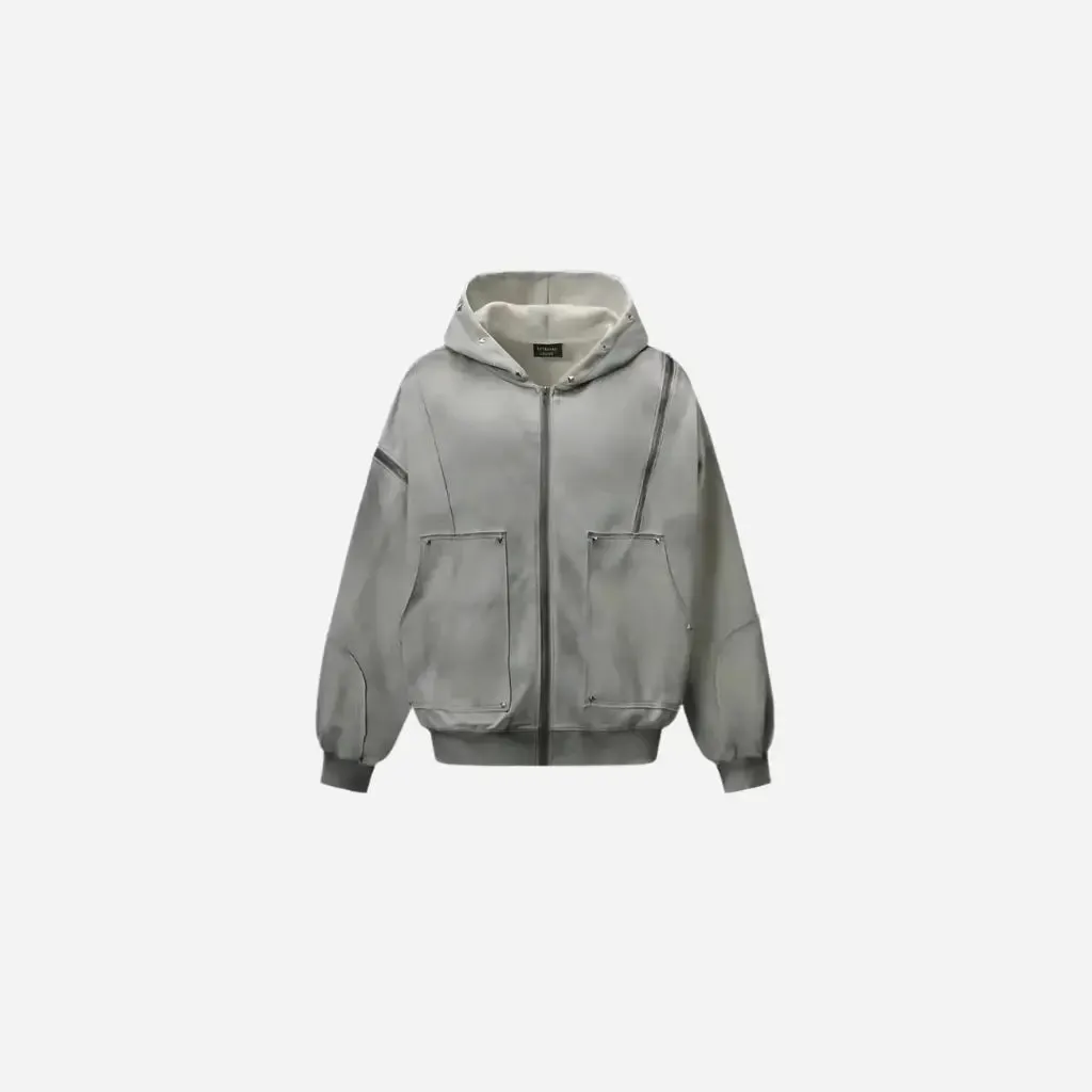 Washed Distressed Rivet Zipper Hoodie