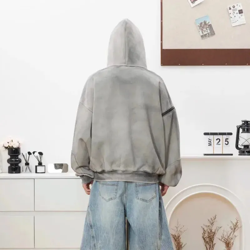 Washed Distressed Rivet Zipper Hoodie