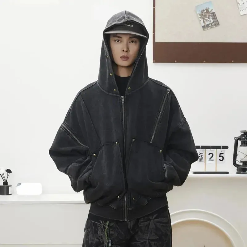 Washed Distressed Rivet Zipper Hoodie