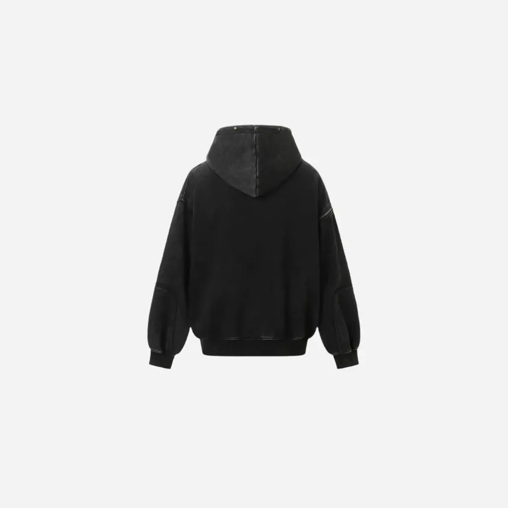 Washed Distressed Rivet Zipper Hoodie