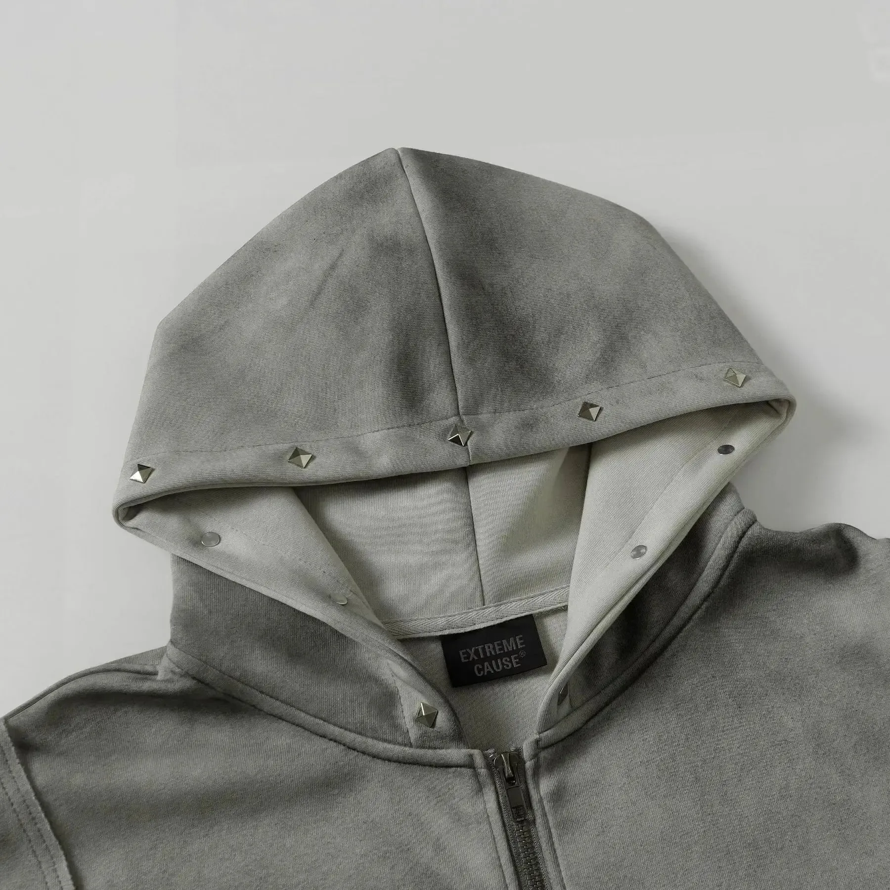 Washed Distressed Rivet Zipper Hoodie