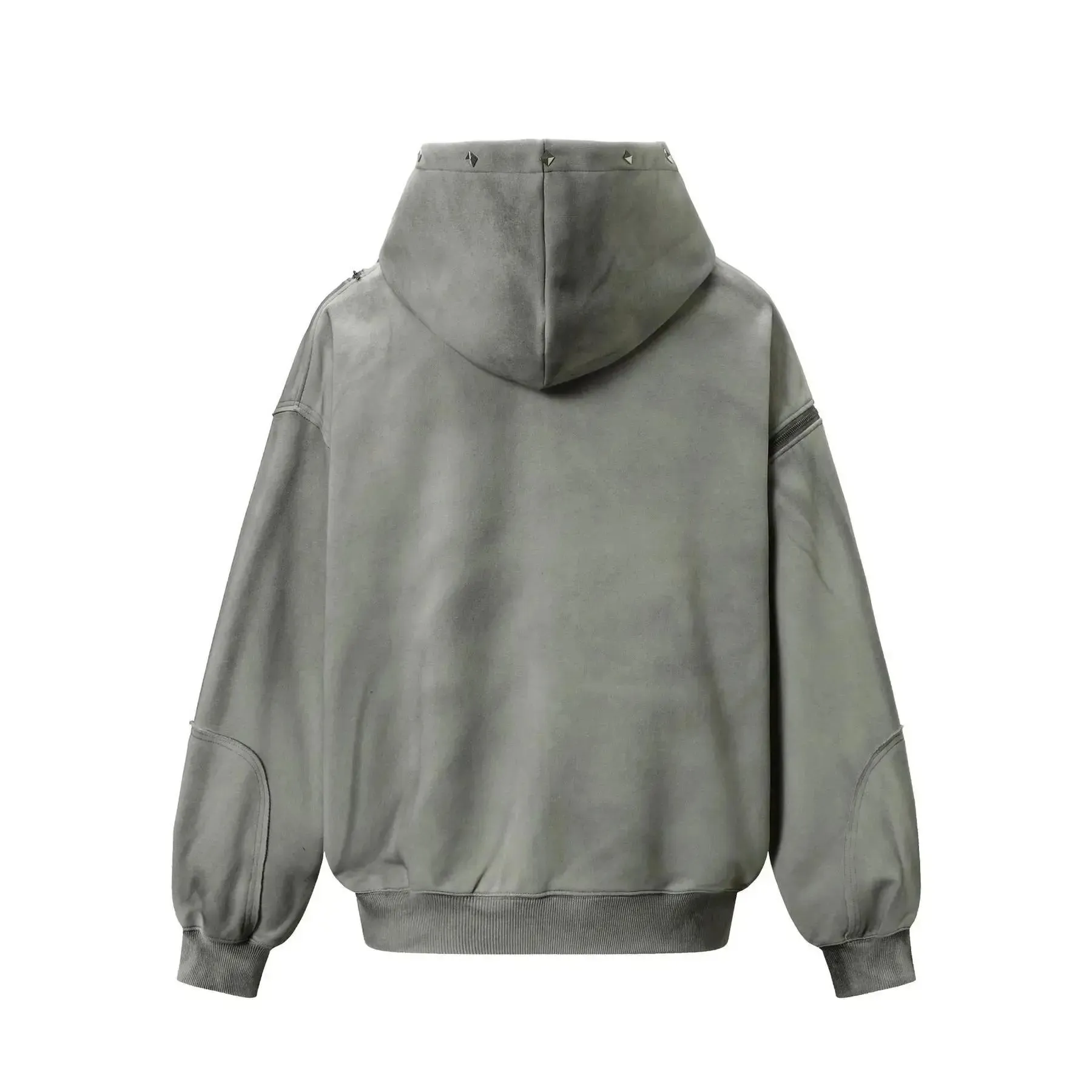 Washed Distressed Rivet Zipper Hoodie