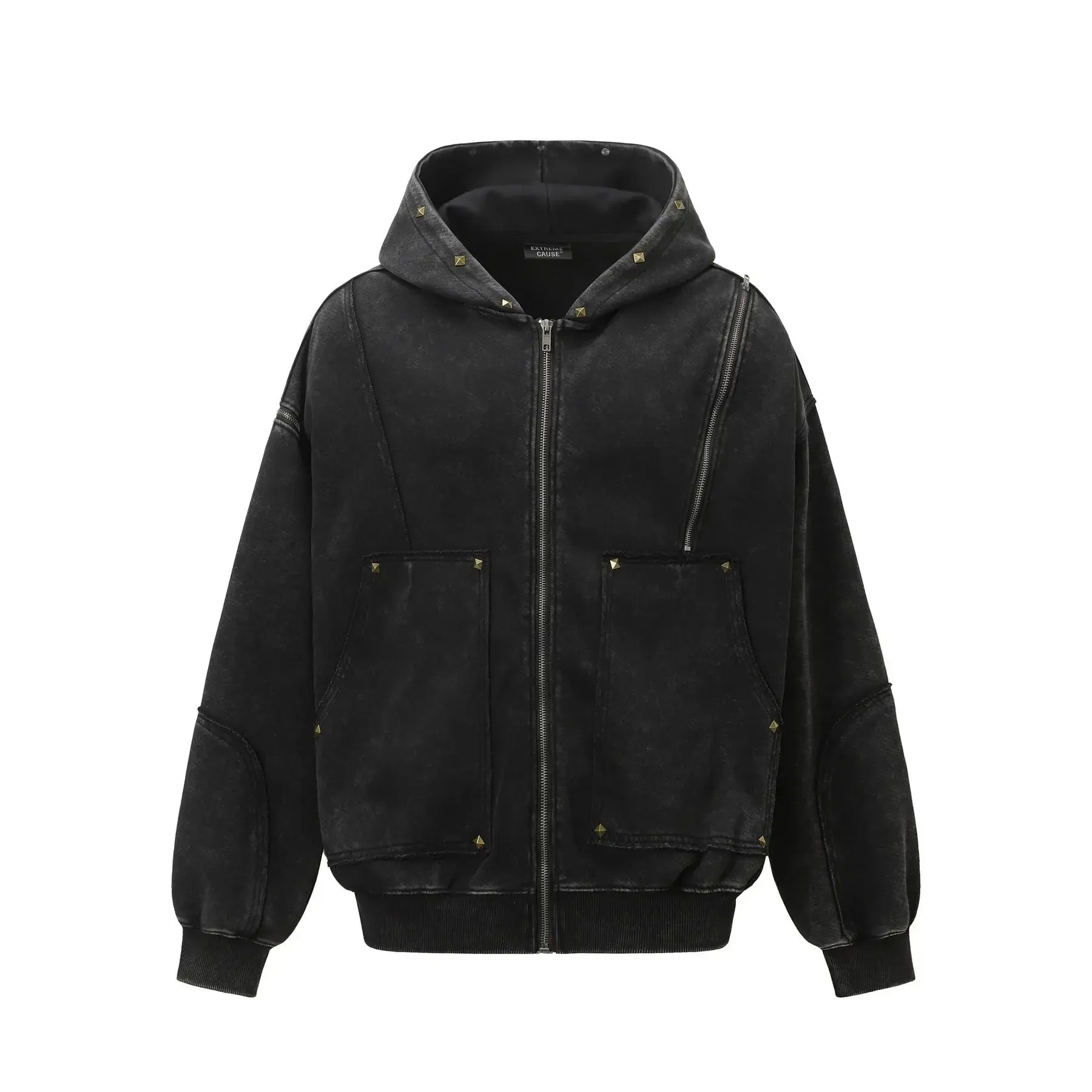 Washed Distressed Rivet Zipper Hoodie