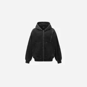 Washed Distressed Rivet Zipper Hoodie