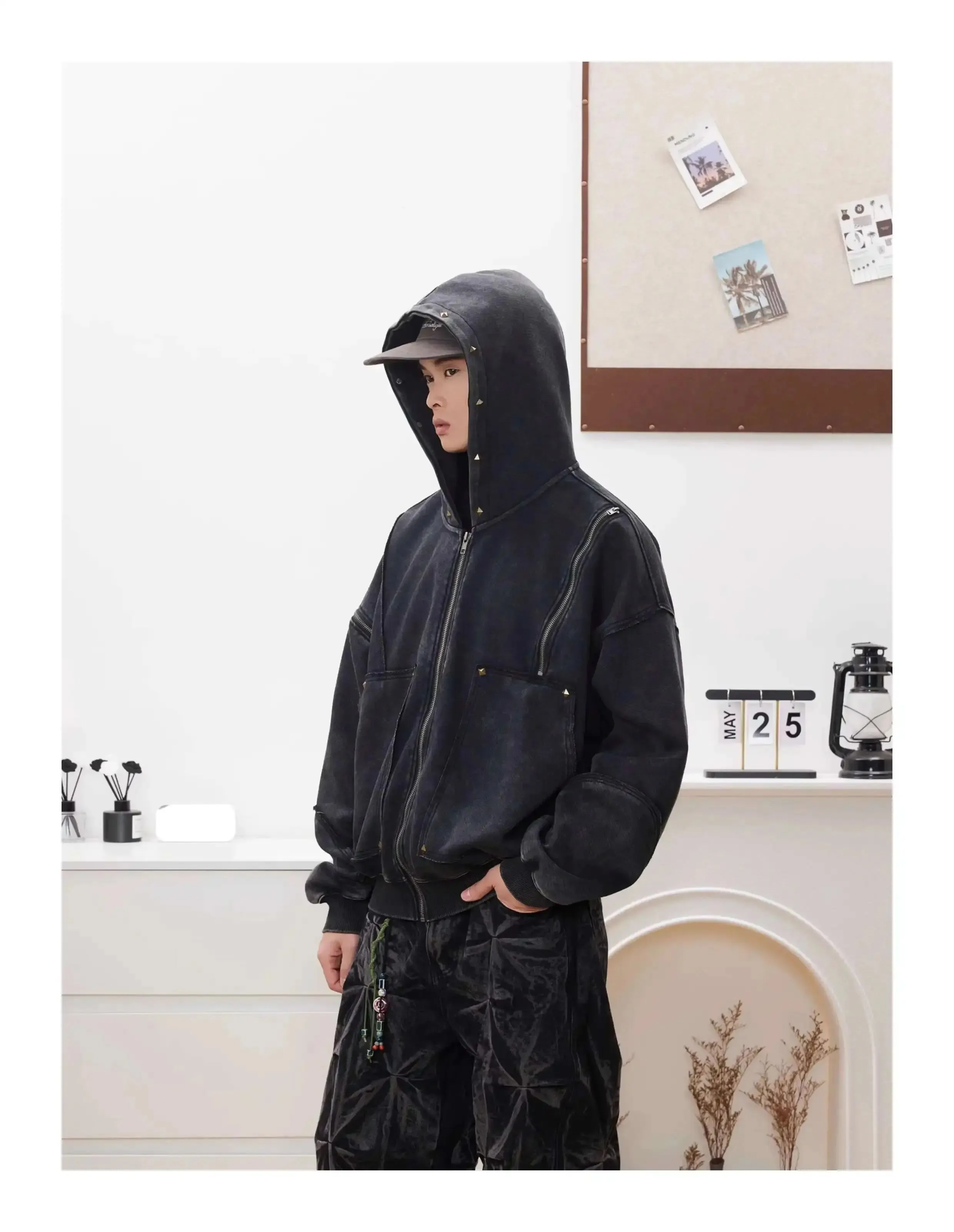 Washed Distressed Rivet Zipper Hoodie