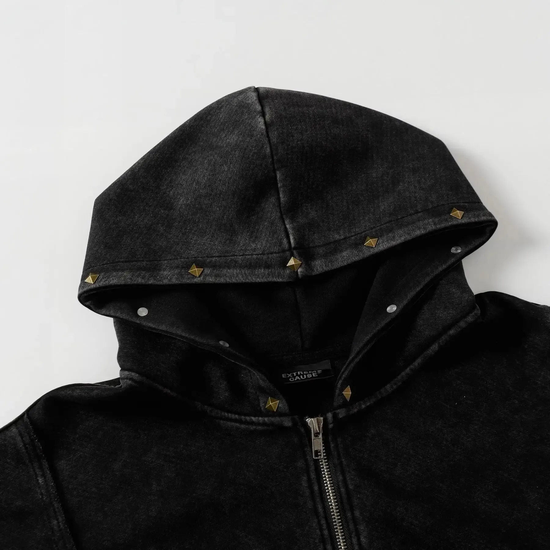 Washed Distressed Rivet Zipper Hoodie
