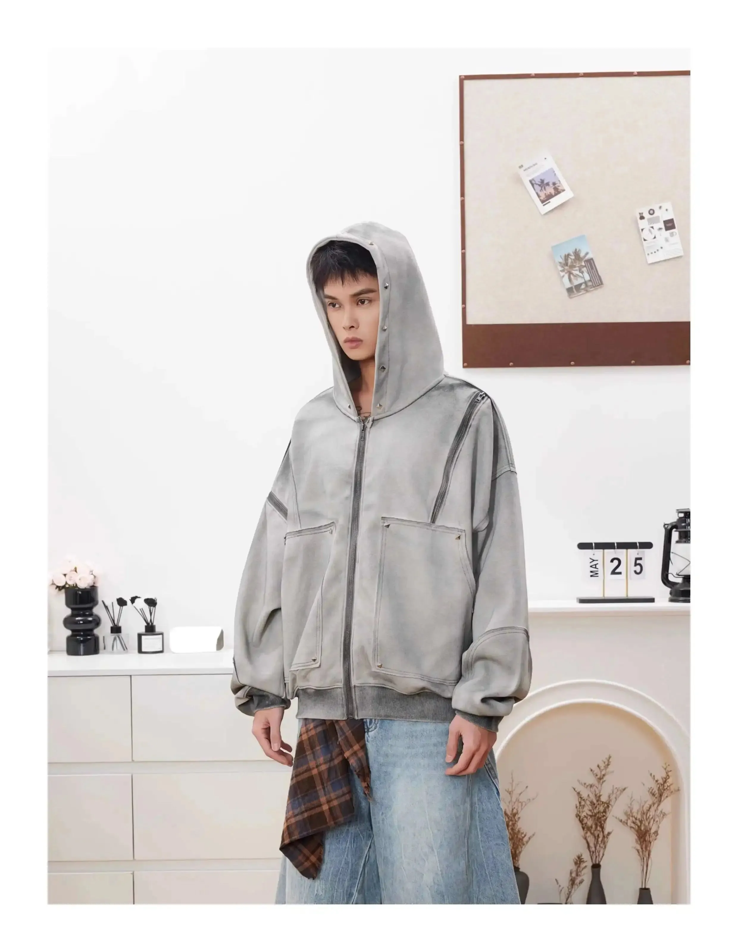 Washed Distressed Rivet Zipper Hoodie