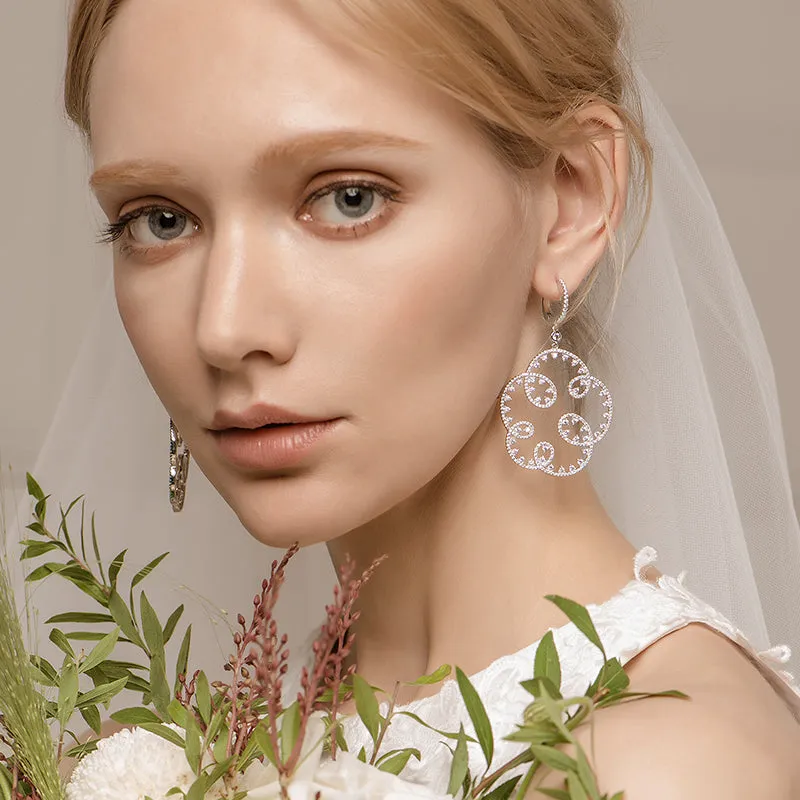 Wedding Embroidery Silver Openwork Drop Earrings