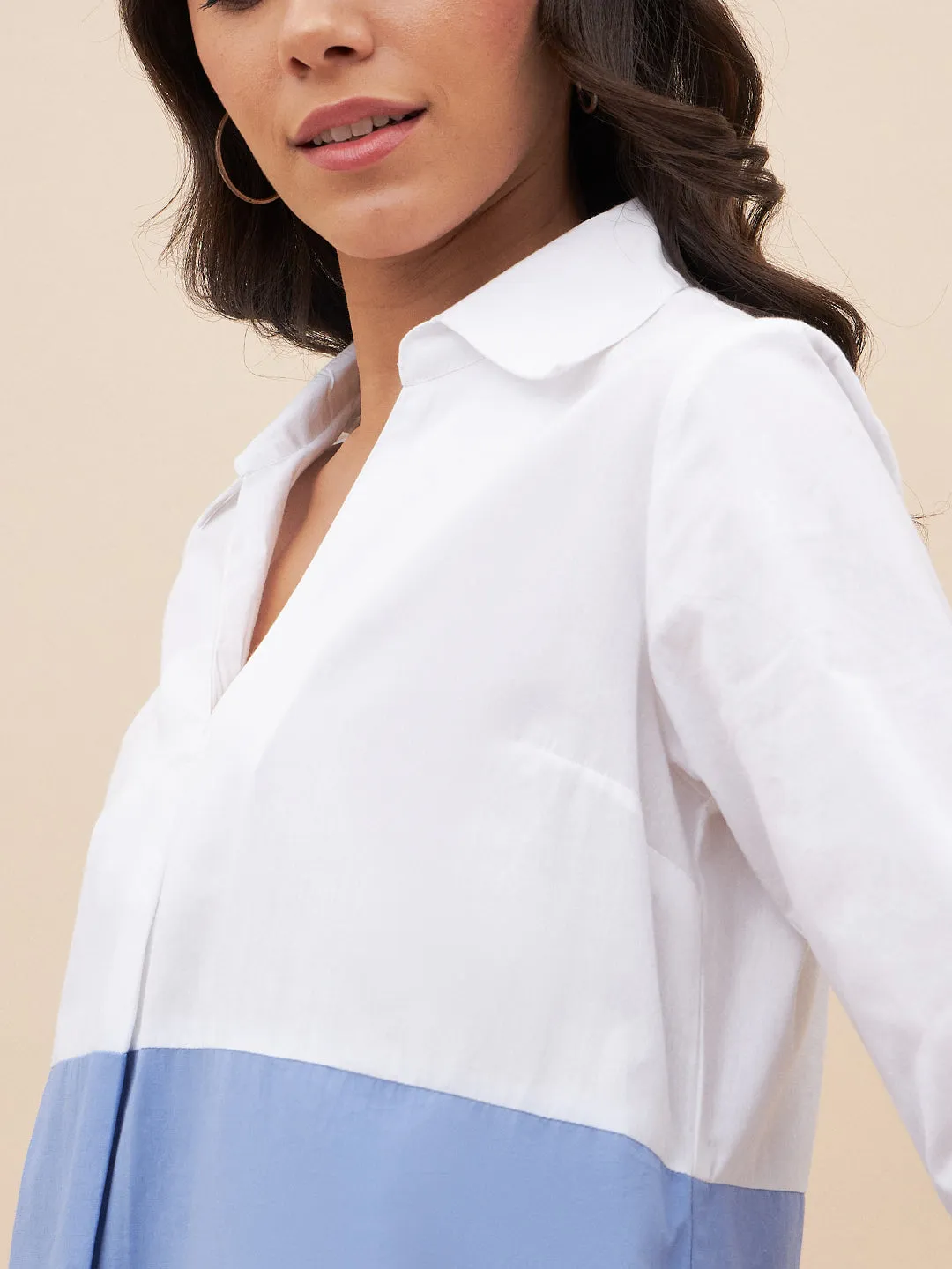 White And Blue Colorblock  Midi Dress