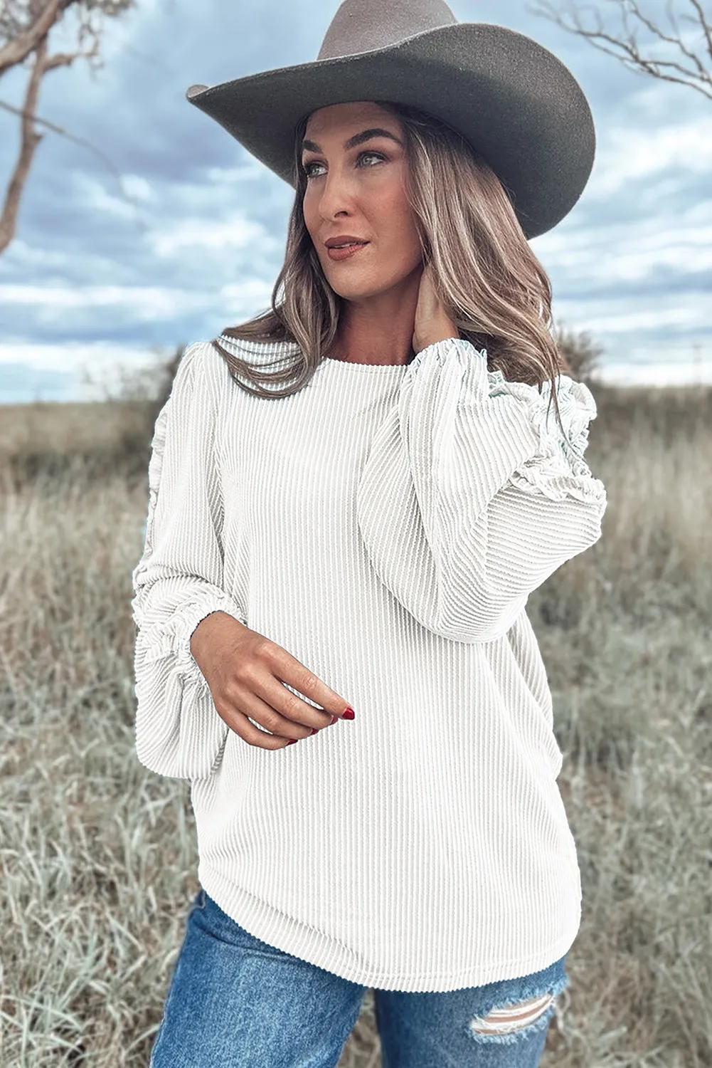 White Corded Frilly Puff Sleeve Round Neck Blouse
