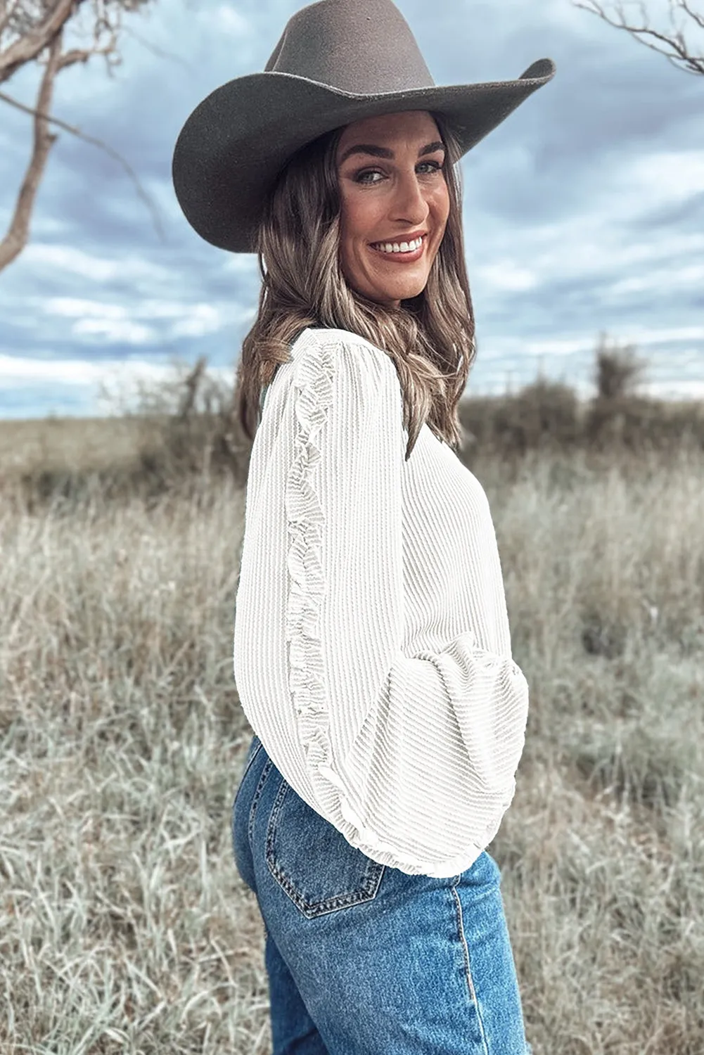 White Corded Frilly Puff Sleeve Round Neck Blouse