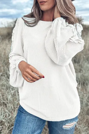 White Corded Frilly Puff Sleeve Round Neck Blouse