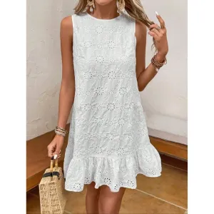 White Embroidered Round Neck Vest Dress