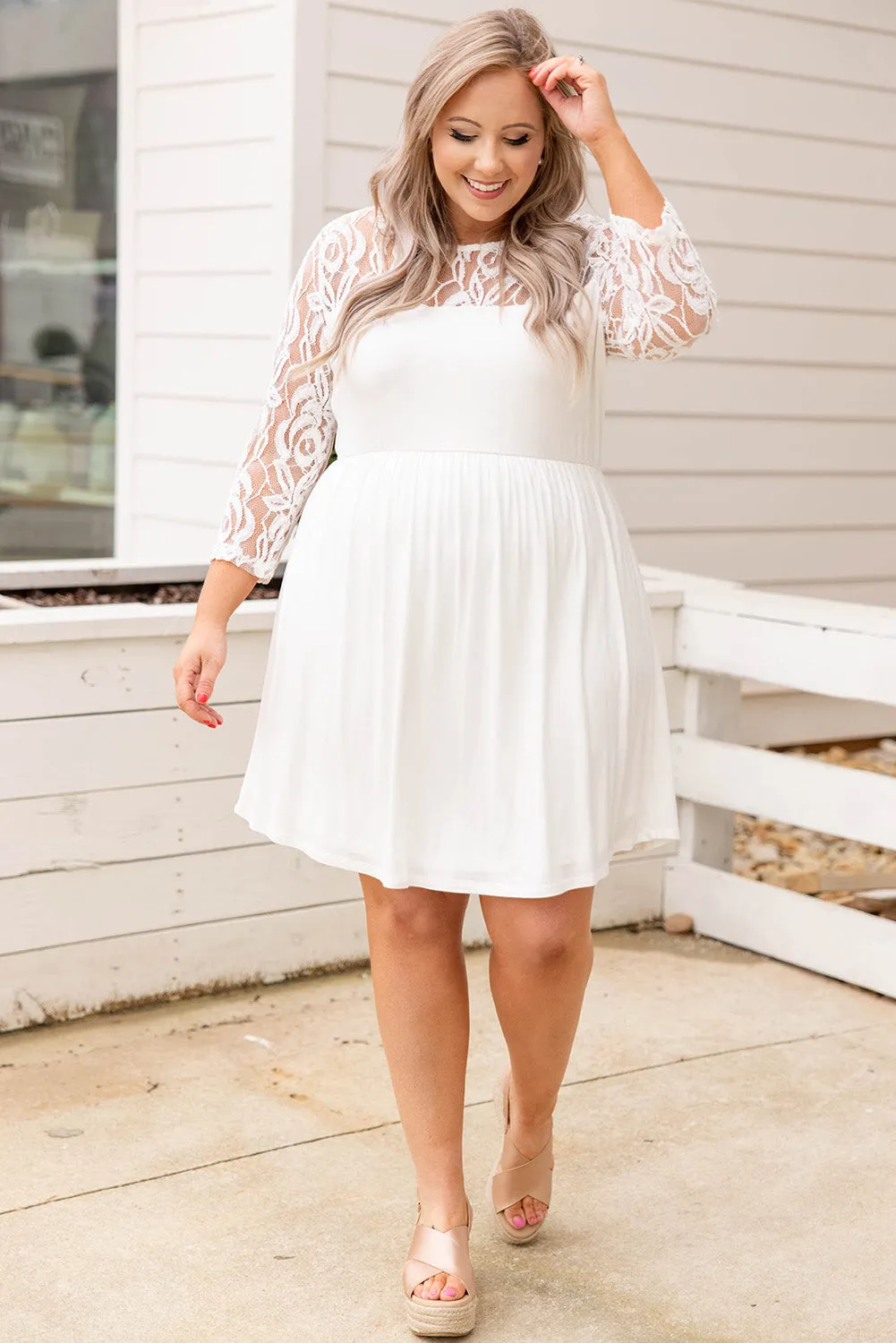 White Plus Size Lace Mesh Splice Babydoll Dress