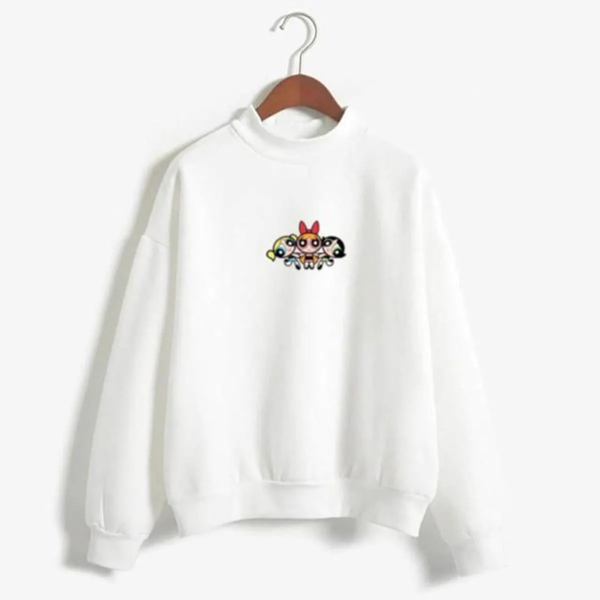 White Power Puff Girls Printed Fleece Full Sleeves Pull Over Sweatshirt For Women