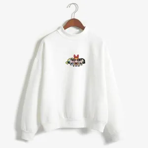 White Power Puff Girls Printed Fleece Full Sleeves Pull Over Sweatshirt For Women