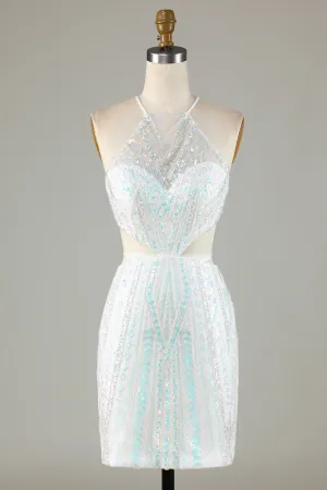 White Sequins Halter Tight Homecoming Dress with Lace-up Back