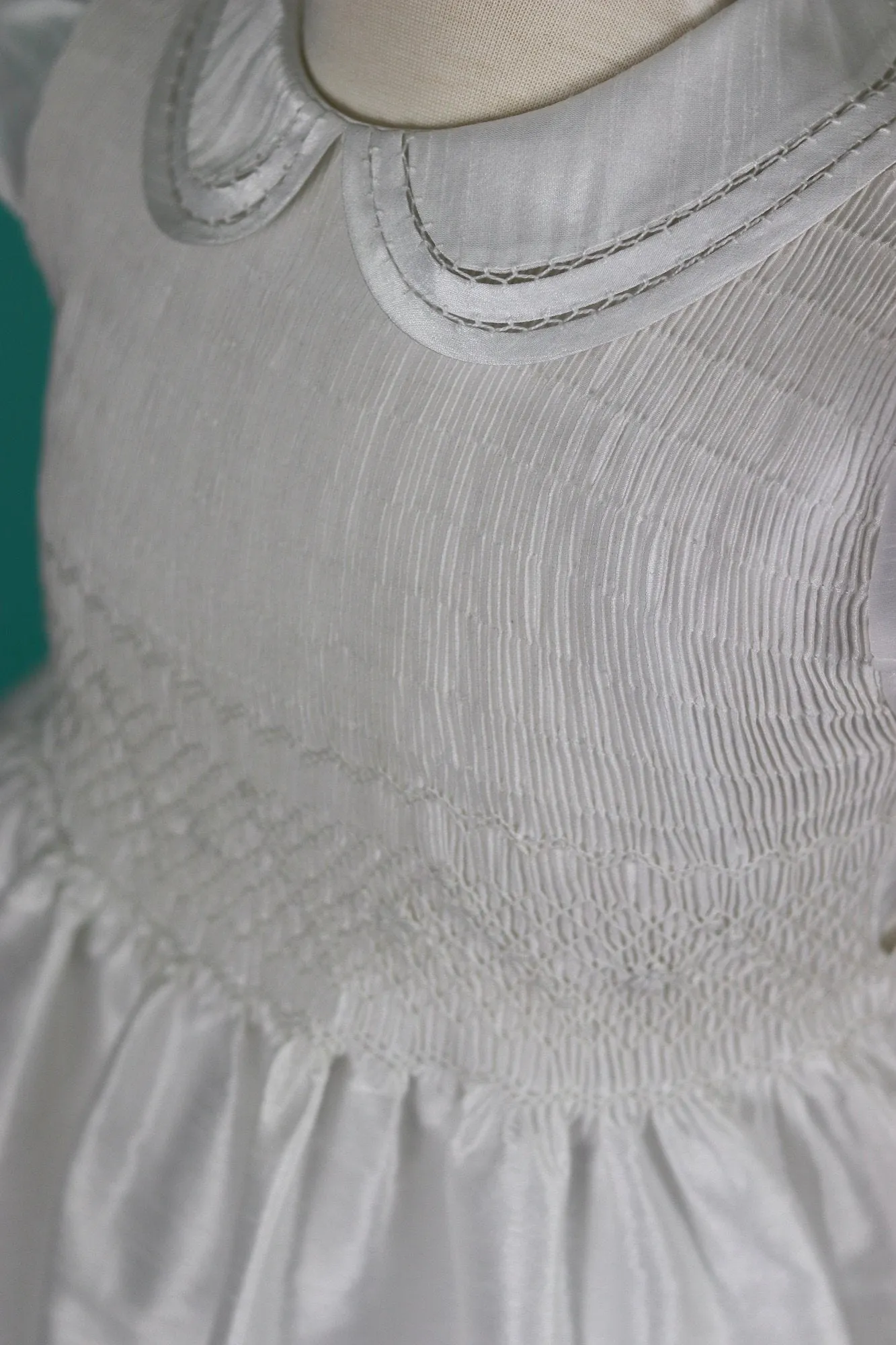 White Shantung Flower Girl Dresses, White Shantung Smocked Dresses add Petticoat and Headpiece
