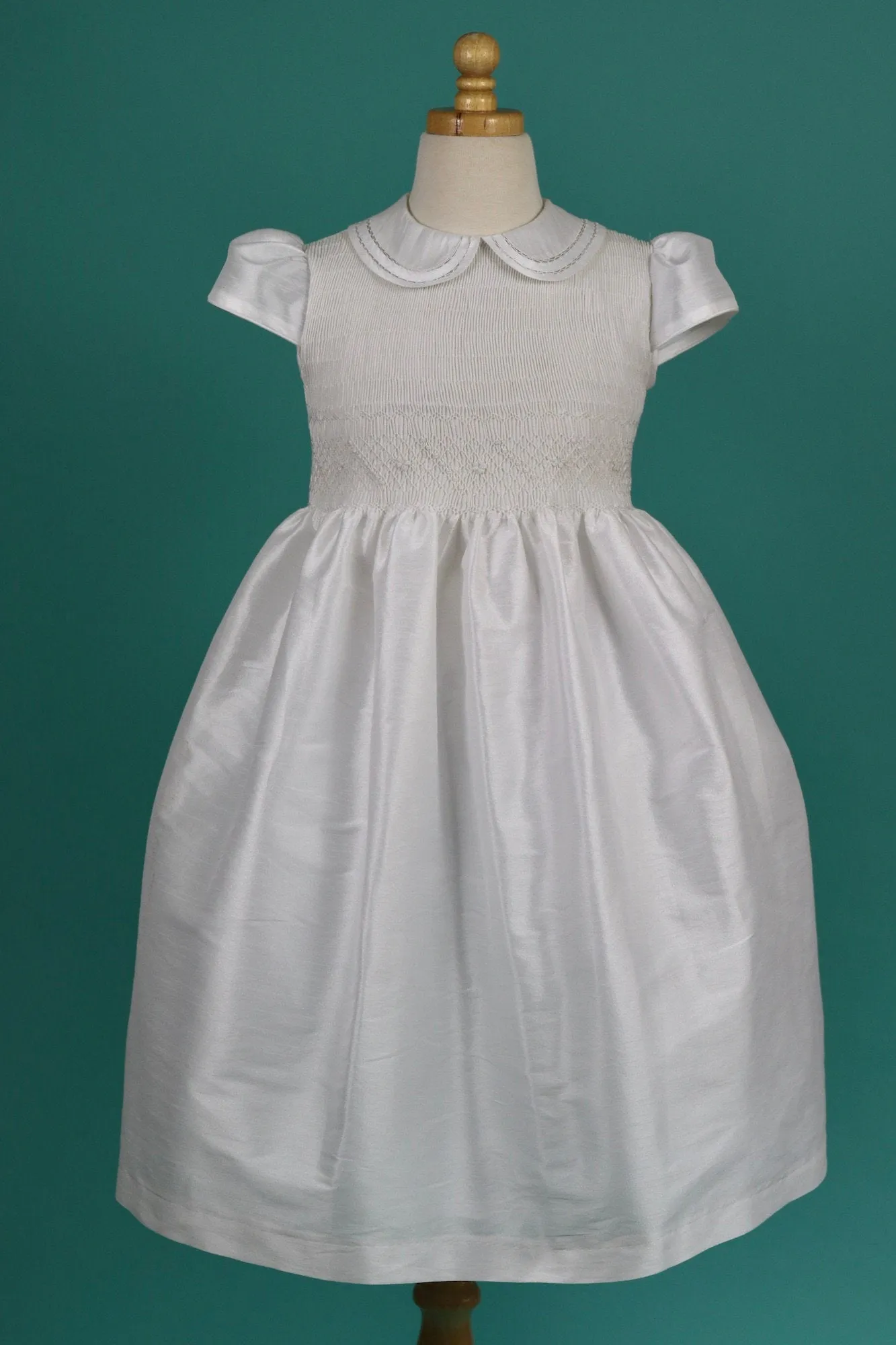 White Shantung Flower Girl Dresses, White Shantung Smocked Dresses add Petticoat and Headpiece