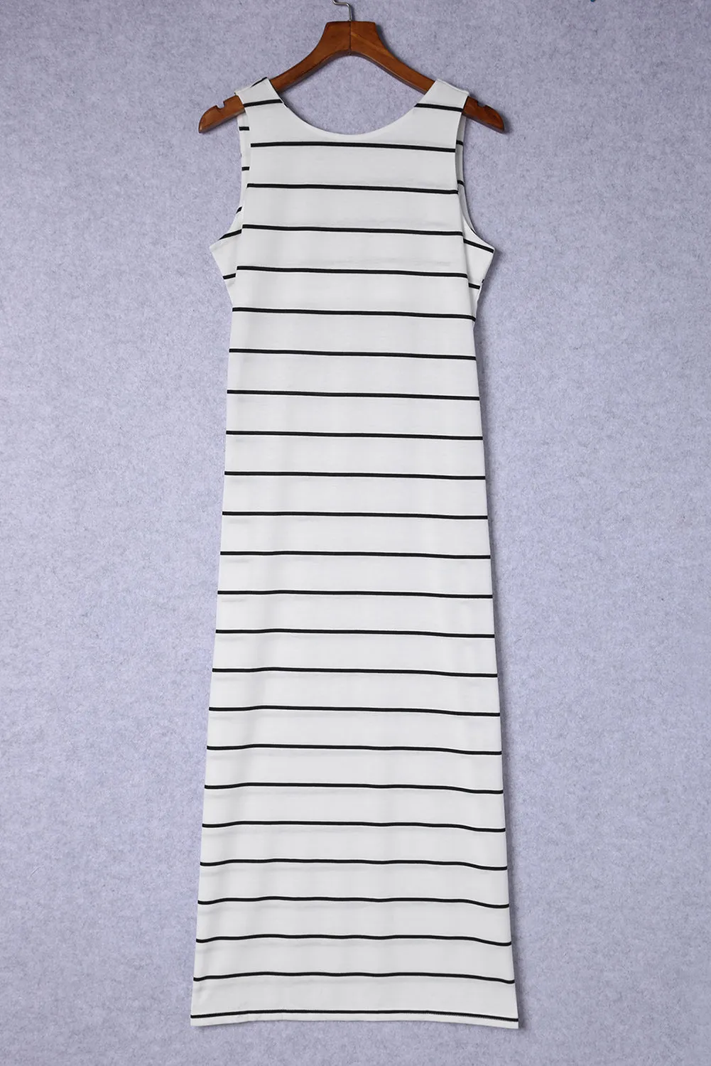 White Stripe Print Open Back Sleeveless Maxi Dress with Slits