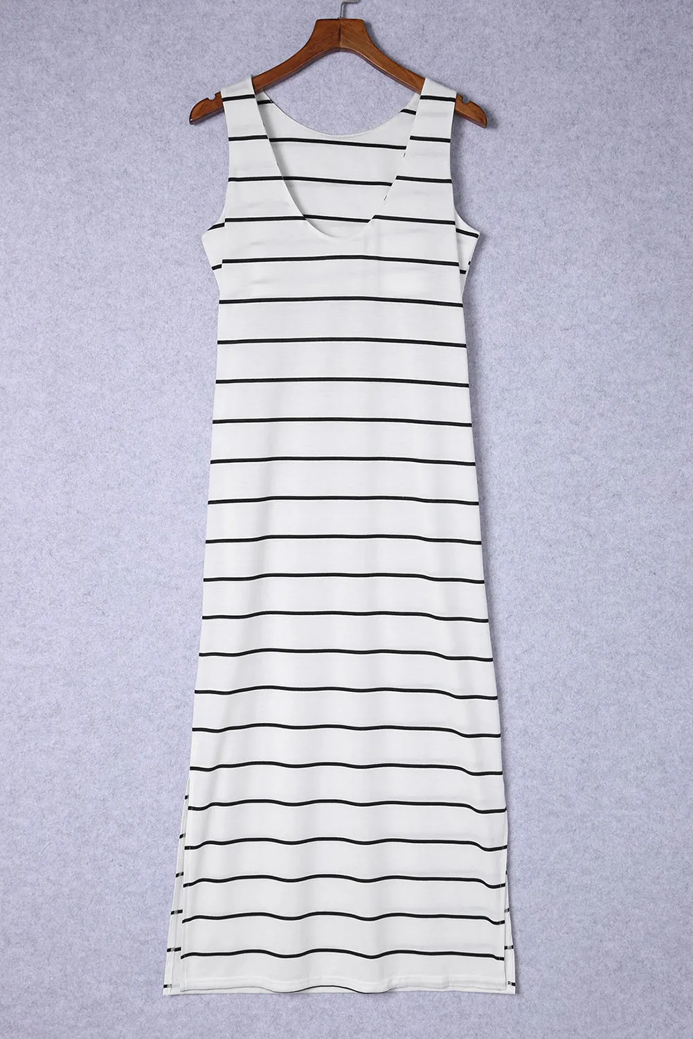 White Stripe Print Open Back Sleeveless Maxi Dress with Slits