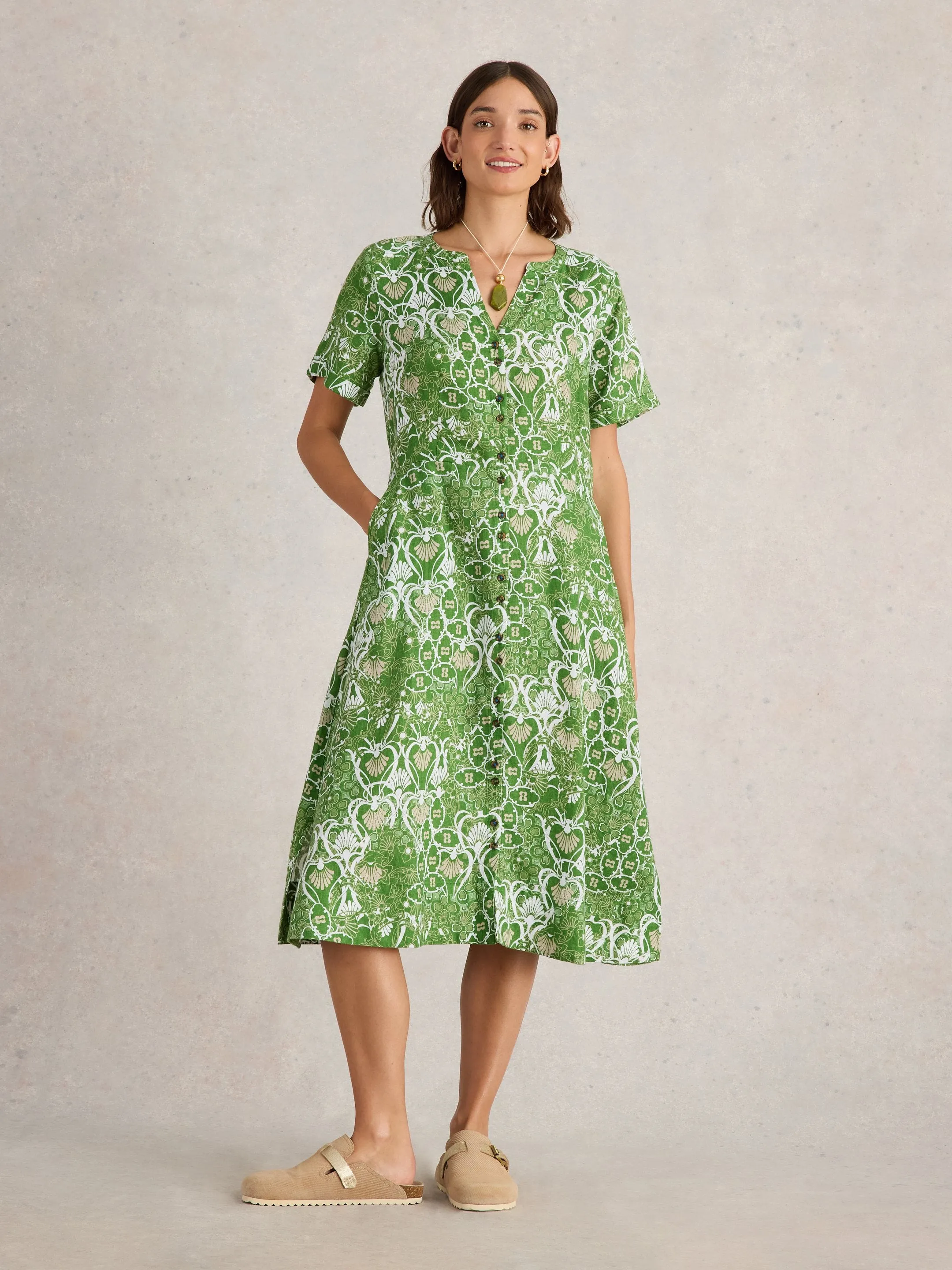 White Stuff UK Iris Linen Dress Green Print