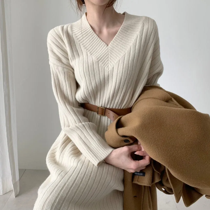 Women Long Sleeve Knitted Loose Sweater Dress
