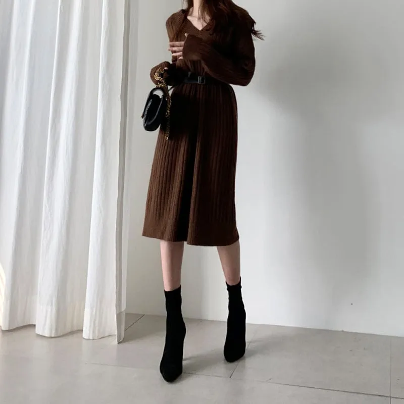Women Long Sleeve Knitted Loose Sweater Dress