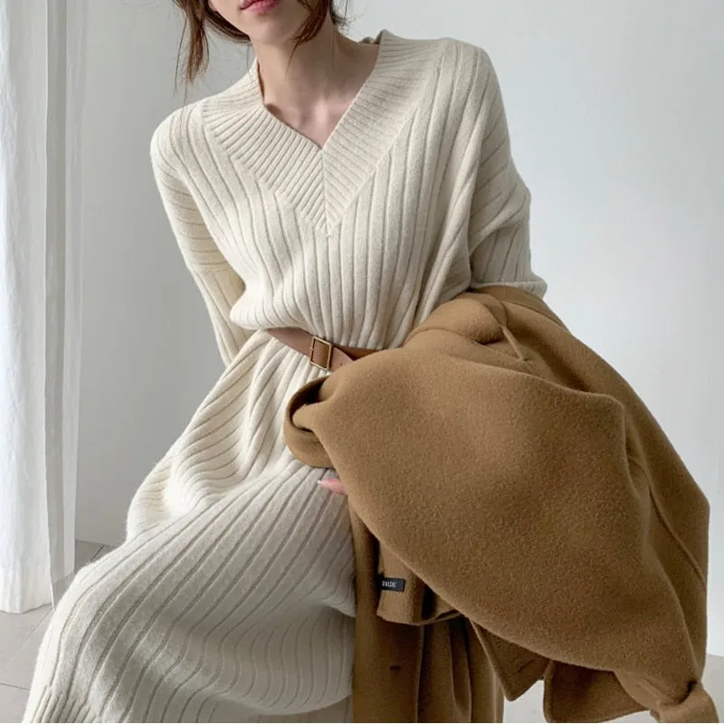 Women Long Sleeve Knitted Loose Sweater Dress