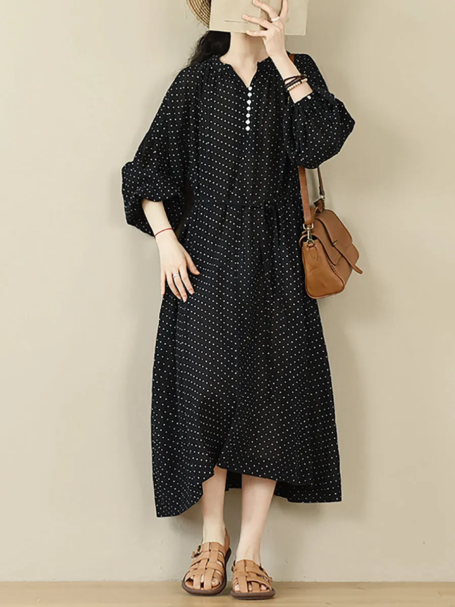 Women Summer Casual Dot V-Neck 100%Cotton Dress