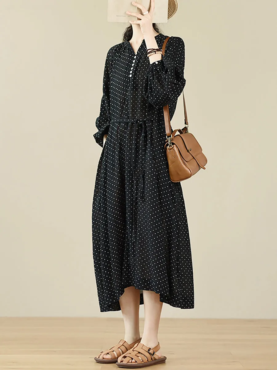 Women Summer Casual Dot V-Neck 100%Cotton Dress