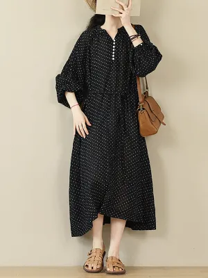 Women Summer Casual Dot V-Neck 100%Cotton Dress