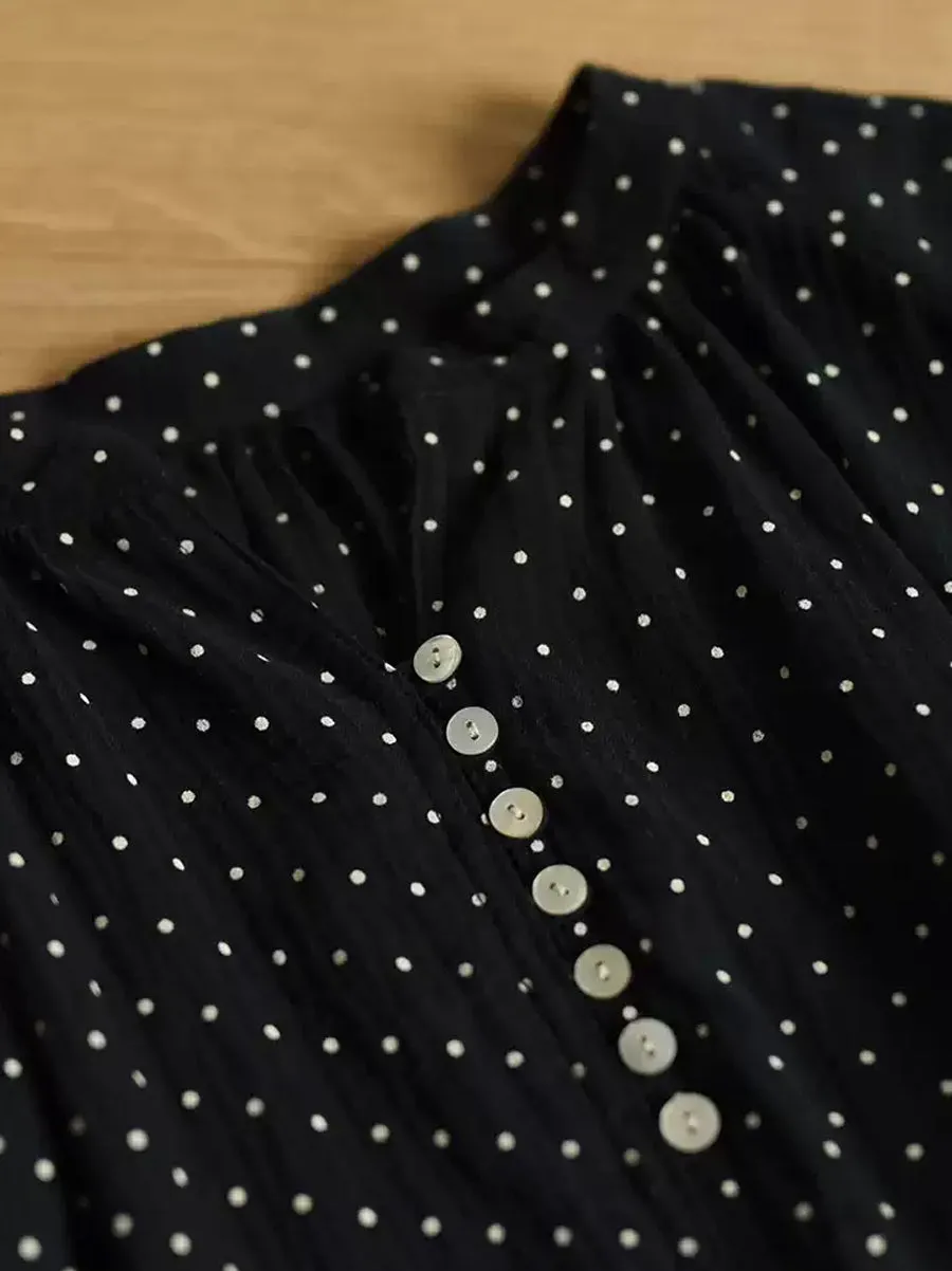 Women Summer Casual Dot V-Neck 100%Cotton Dress