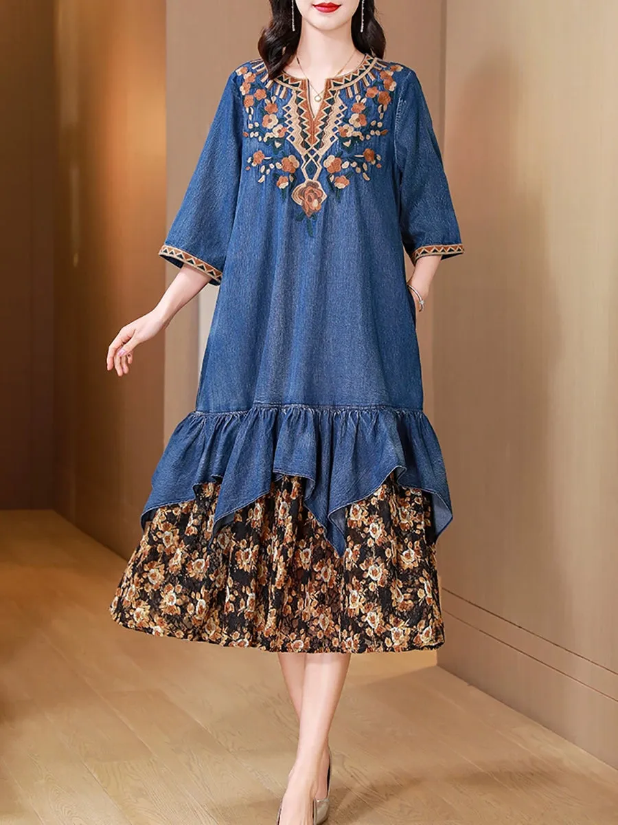 Women Summer Embroidery Flower Spliced V-Neck Denim Dress