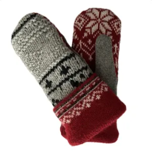 Women's Mittens - Grey, Red & Black Nordic - 1557 M/L