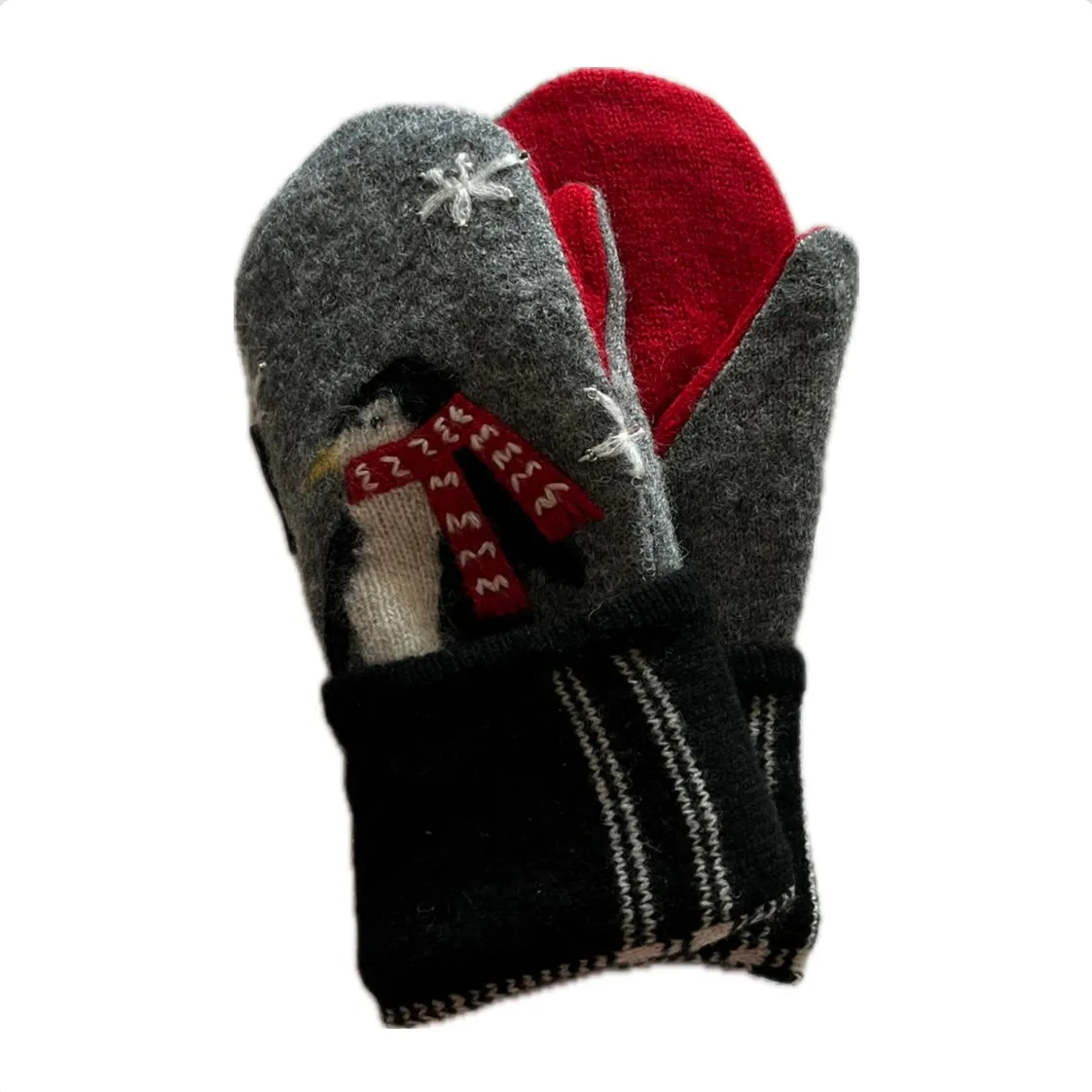 Women's Mittens Petite with Buttons - Grey & Red Penguin - 571