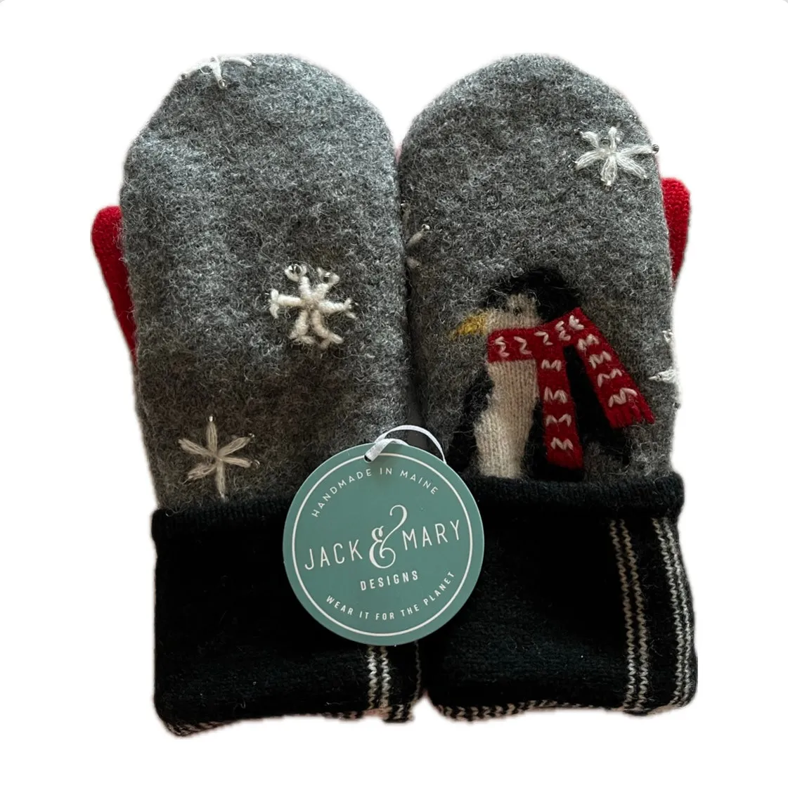 Women's Mittens Petite with Buttons - Grey & Red Penguin - 571