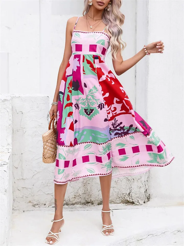 Women's Sexy Cosy Print Sleeveless Large Swing Dresses