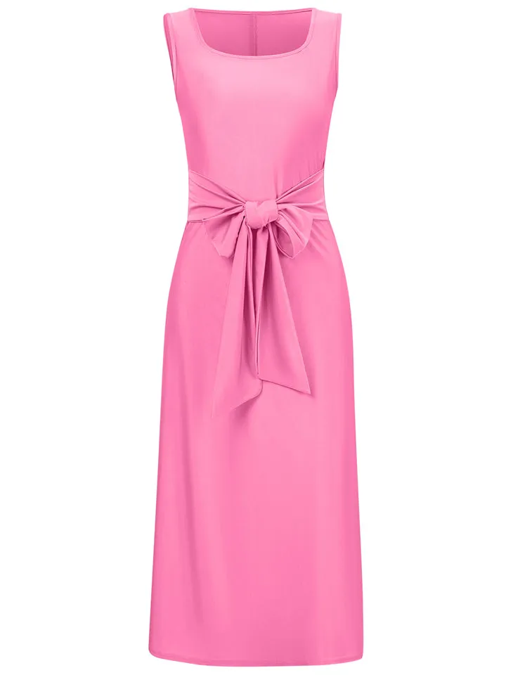 Women's Vogue Lace-Up Side Slit Square Neck Midi Dresses