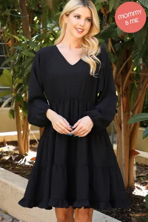 Woven Puff Sleeve V-Neck Elastic Waist Tiered Dress