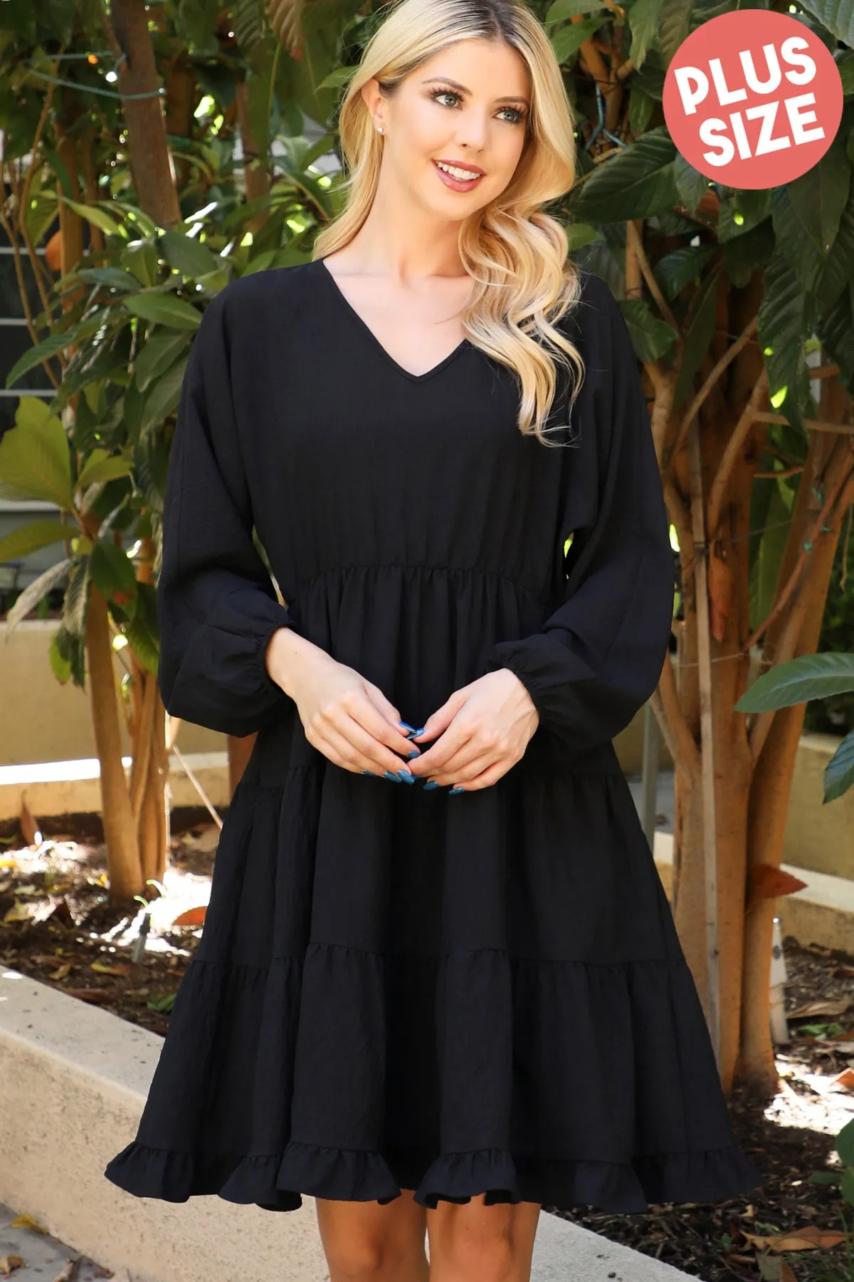 Woven Puff Sleeve V-Neck Elastic Waist Tiered Dress