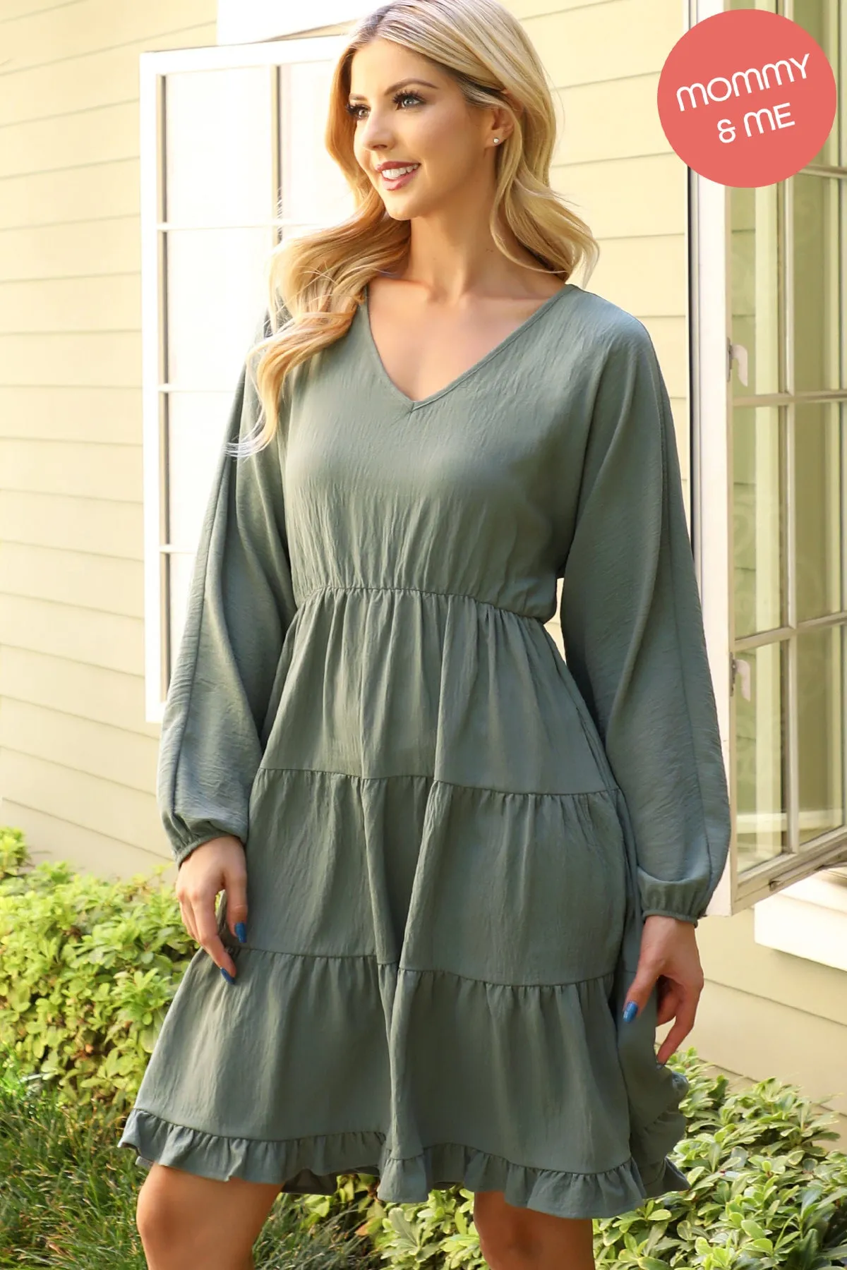 Woven Puff Sleeve V-Neck Elastic Waist Tiered Dress