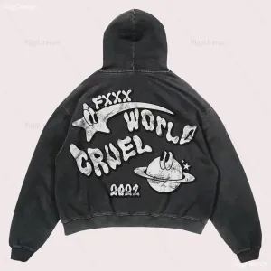 Y2K Planet Print Hoodies Trendy Streetwear for Women's Fashion