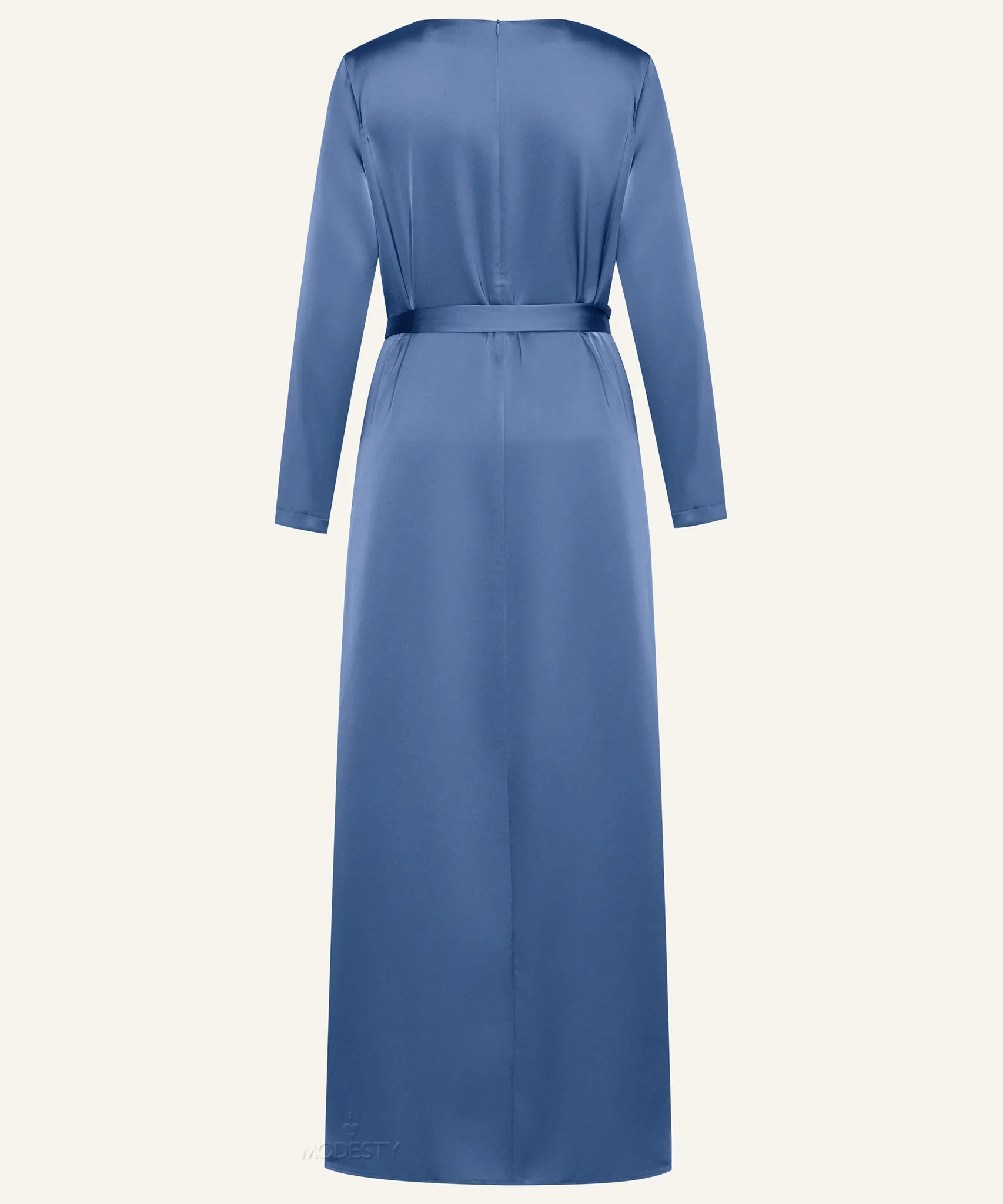 Yale Blue Classic A-line Satin Long Sleeve Maxi Dress