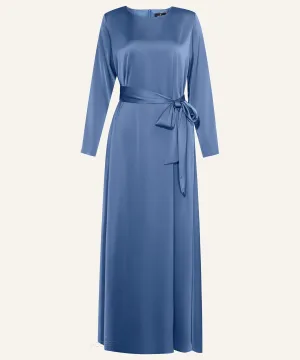 Yale Blue Classic A-line Satin Long Sleeve Maxi Dress