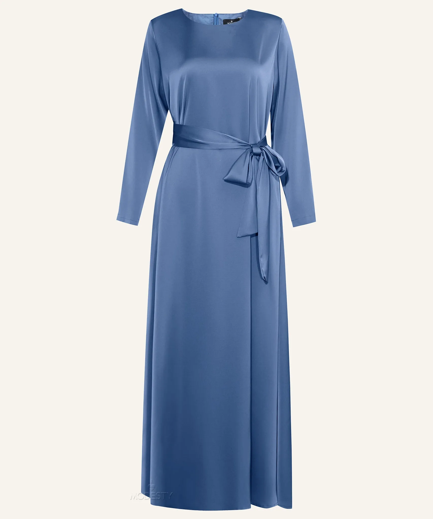 Yale Blue Classic A-line Satin Long Sleeve Maxi Dress