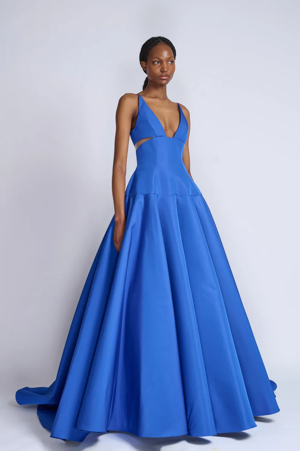 Yves Blue Faille Ball Gown With Sheer Insets