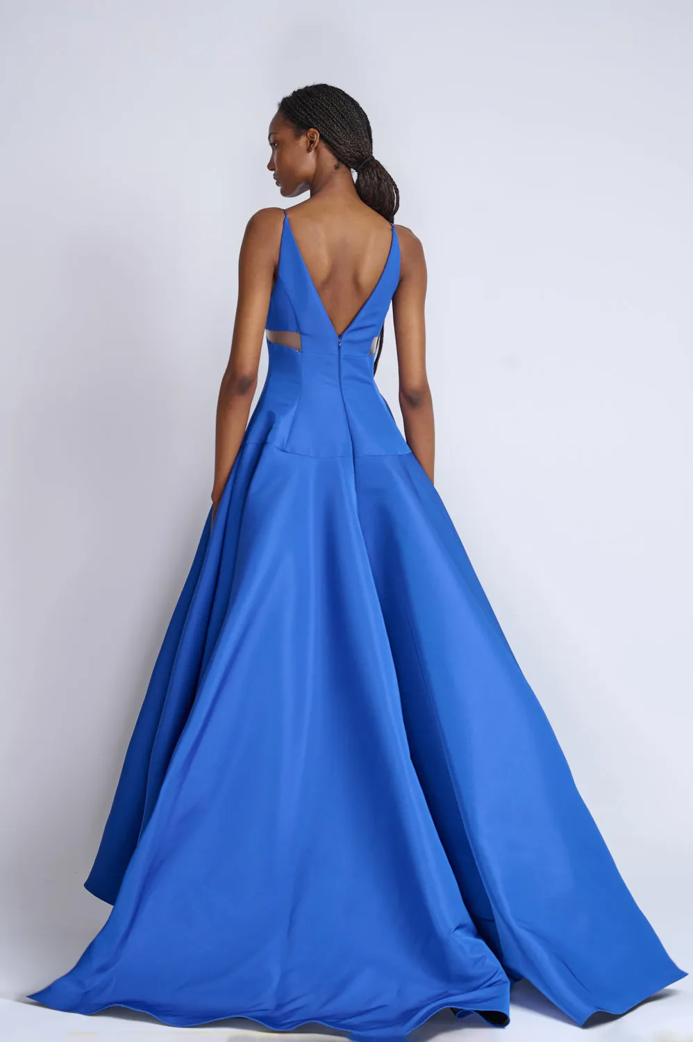 Yves Blue Faille Ball Gown With Sheer Insets