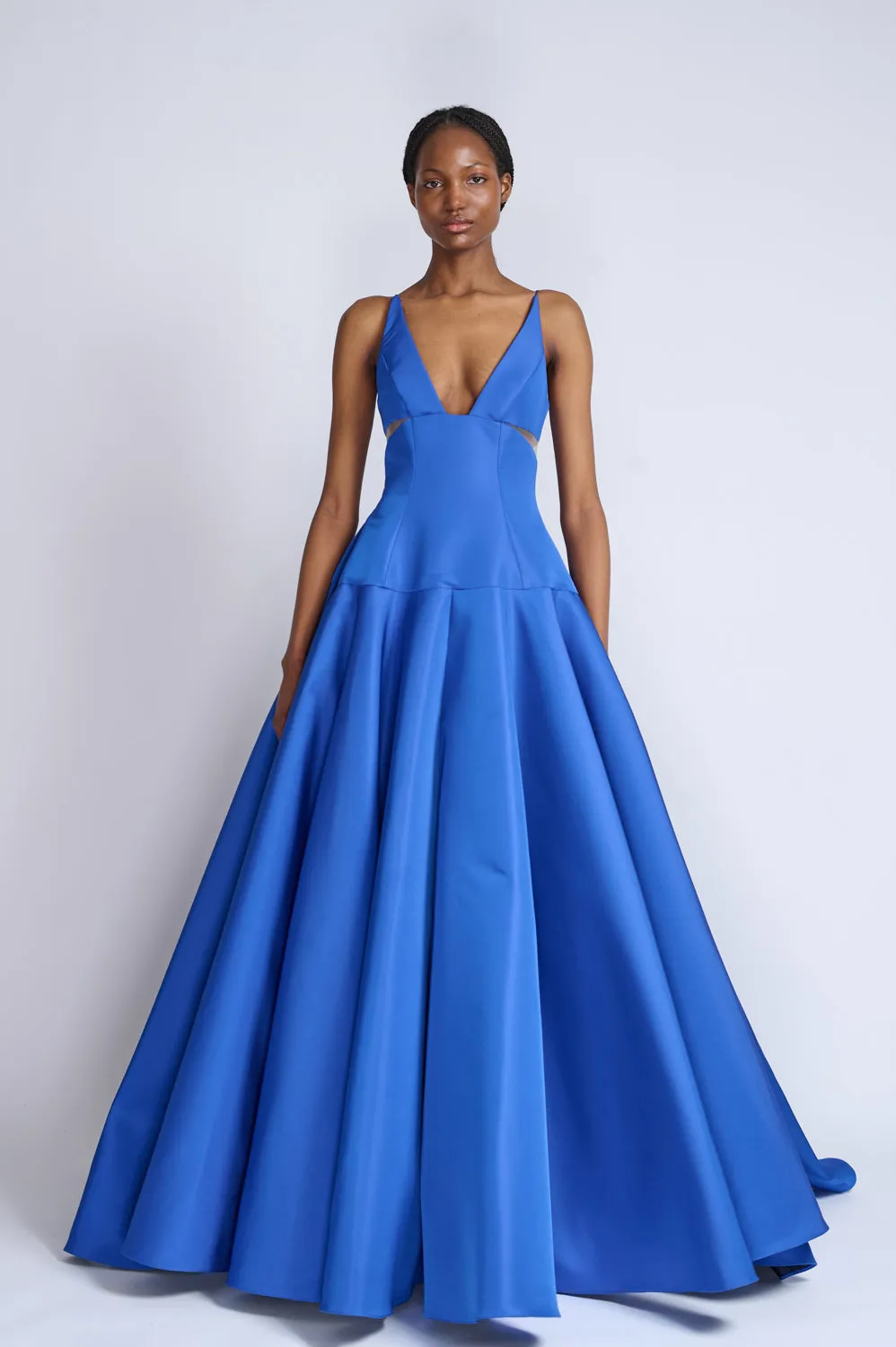Yves Blue Faille Ball Gown With Sheer Insets